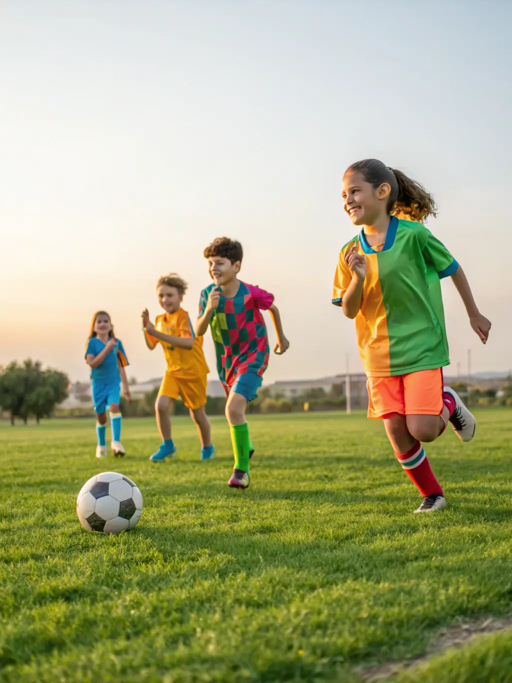 A group of children playing soccer at ASSOCIATION SPORTIVE SAINT PAUL CAEN, emphasizing fun and physical activity.