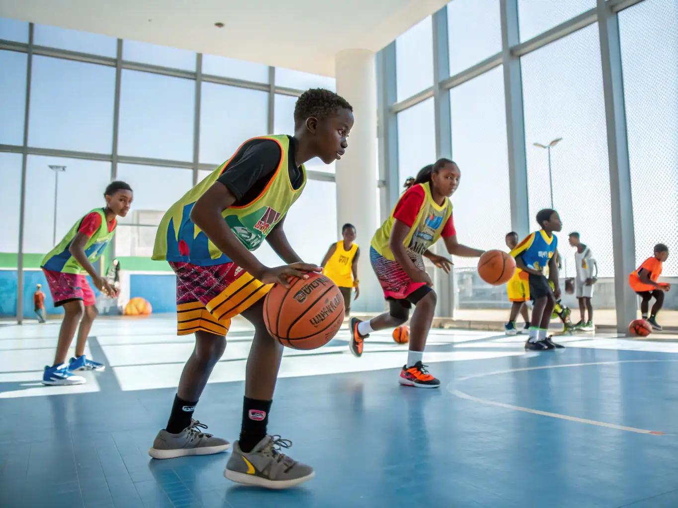 A vibrant image showcasing young athletes participating in a basketball training session at ASSOCIATION SPORTIVE SAINT PAUL CAEN, focusing on teamwork and skill development.