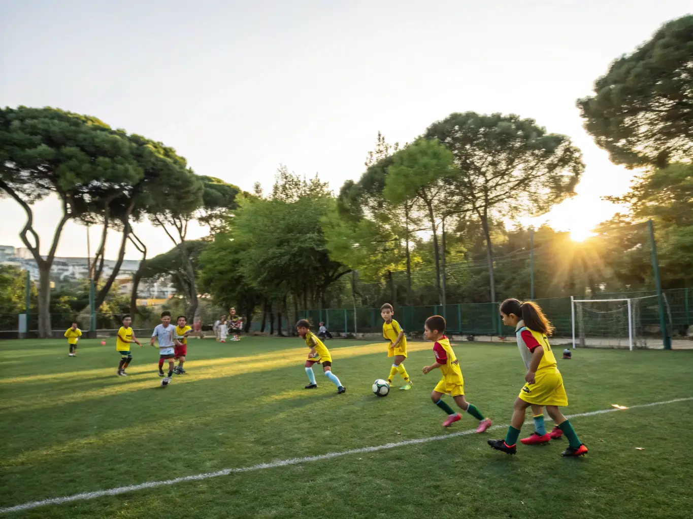 A group of children happily engaged in a soccer practice session at ASSOCIATION SPORTIVE SAINT PAUL CAEN, emphasizing fun, fitness, and teamwork.