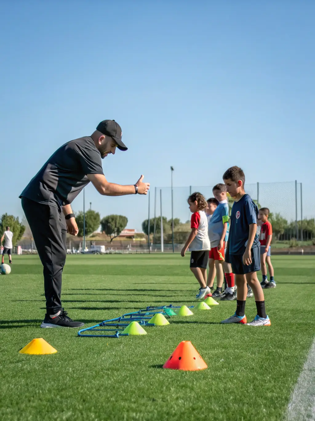 A coach mentoring young athletes, emphasizing the guidance and support provided by ASSOCIATION SPORTIVE SAINT PAUL CAEN to nurture talent and character.