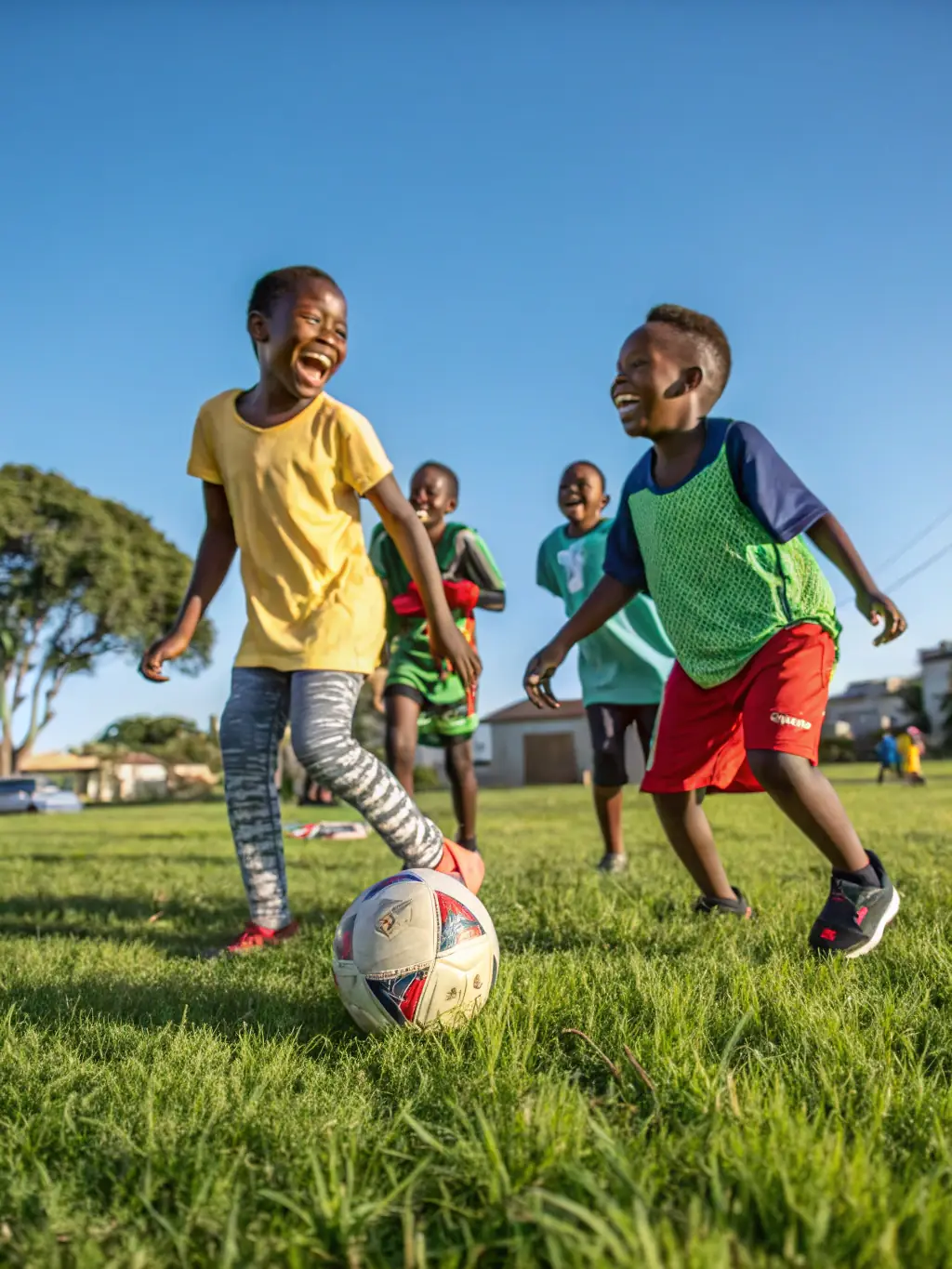 A vibrant image of children participating in a soccer game, showcasing teamwork and physical activity, set against the backdrop of a sunny day at ASSOCIATION SPORTIVE SAINT PAUL CAEN.