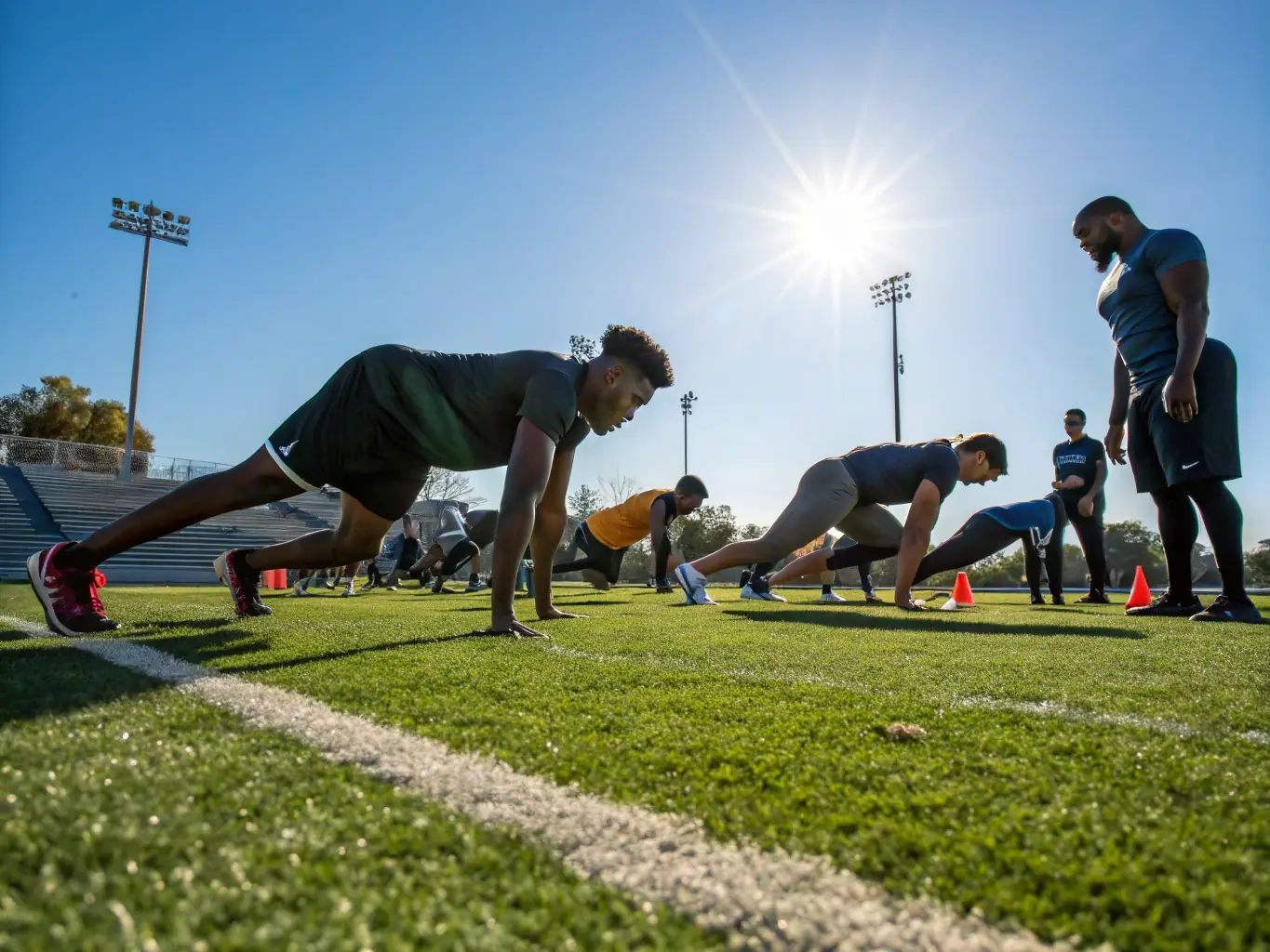 A group of diverse athletes training together outdoors, showcasing teamwork and camaraderie in a sunny, open field, symbolizing the physical and social benefits of joining the sports association.